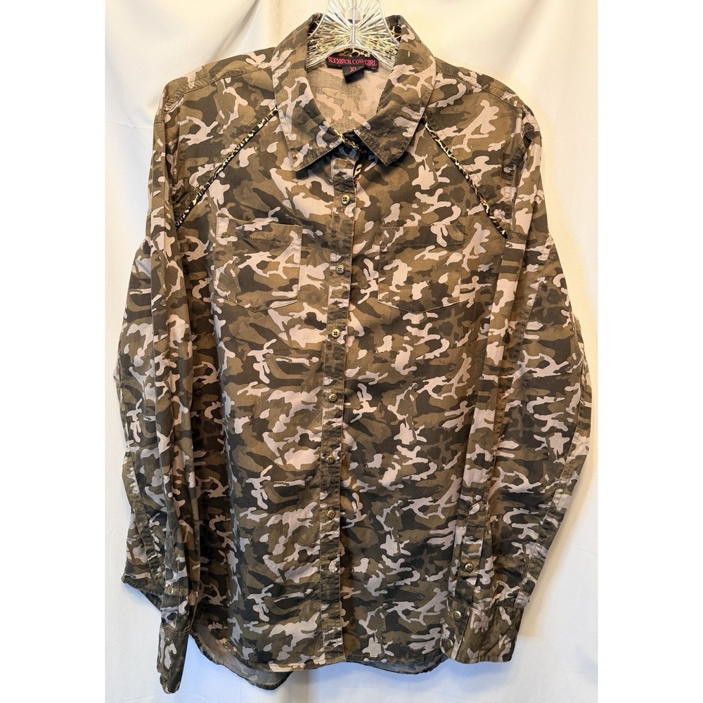 Rock & Roll Cowgirl Women's XL Camouflage Leopard Button Up Shirt Western Casual